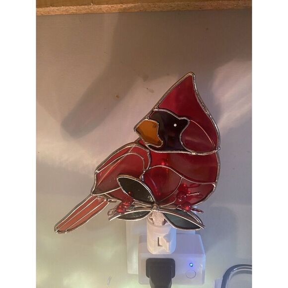 Cardinal On Branch Stained Glass Plug-In Nightlight New 4.5” - Picture 3 of 8